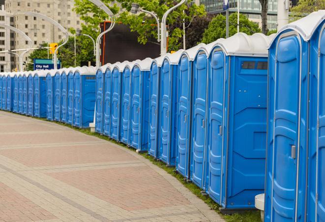 a line of portable restrooms set up for a wedding or special event, ensuring guests have access to comfortable and clean facilities throughout the duration of the celebration in Batesburg